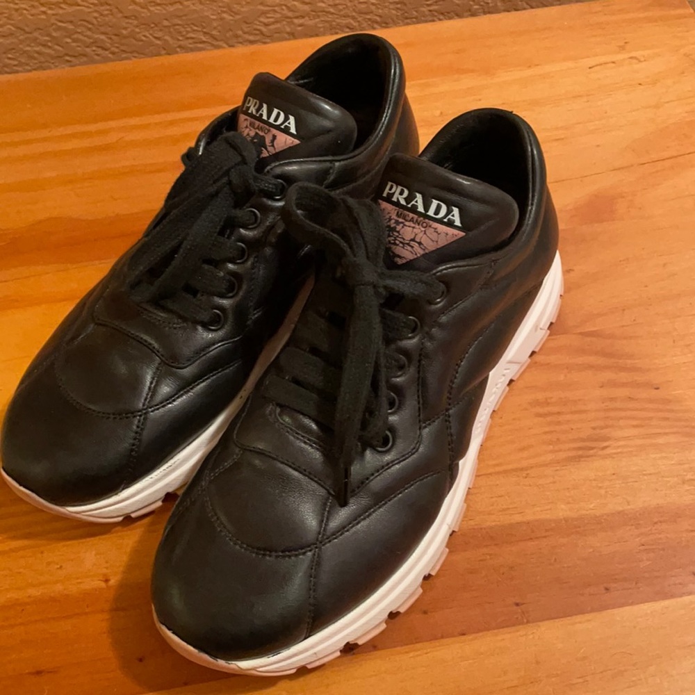 Prada Black Leather Sneakers with White Sole Accents